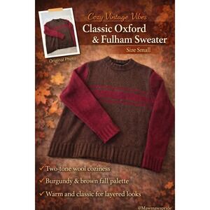 Vintage Oxford & Fulham Men's Wool Sweate Brown Burgundy Striped Crew Neck Small